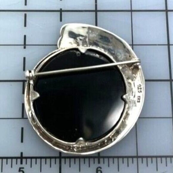 Signed FAS 925 Sterling Silver Marcasite and Onyx Brooch Pin Vintage Deco Style - Picture 4 of 4